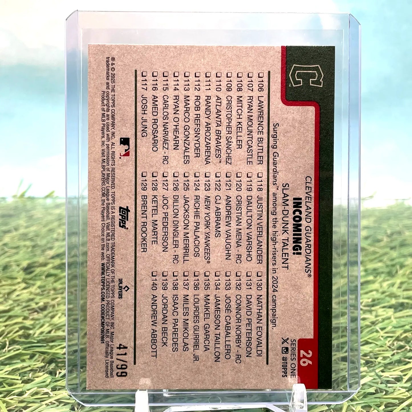 Baseball card 2025 Topps Series One #26 Guardians in protective case, Slam Dunk Talent Vintage Stock
