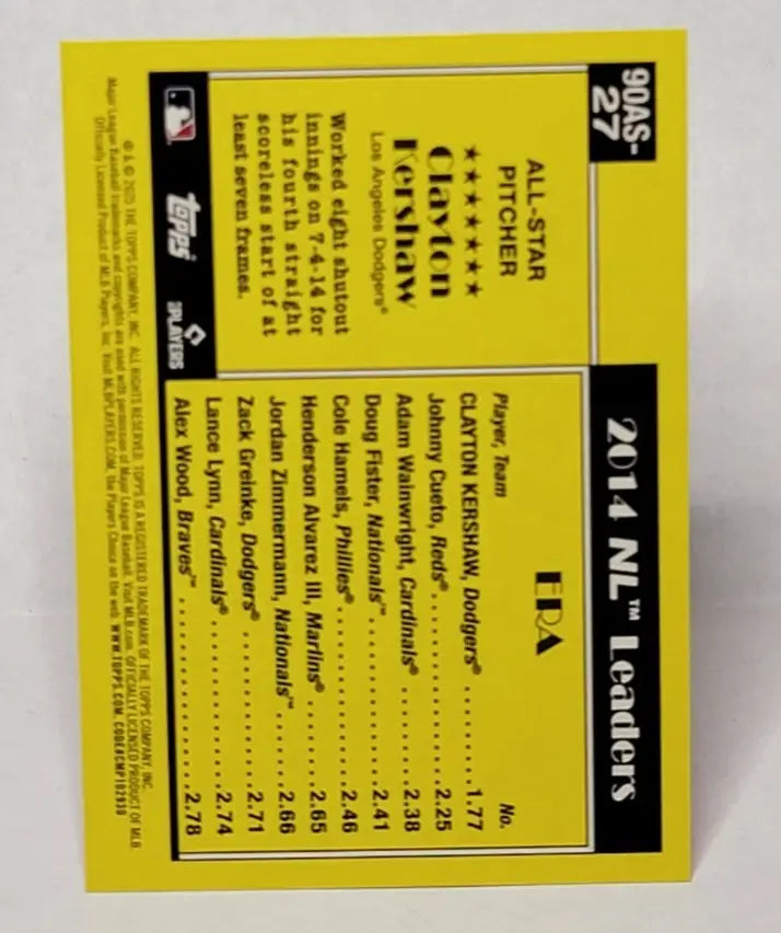 Yellow Clayton Kershaw baseball card from 2014 NL Leaders series in 2025 Topps Series Two