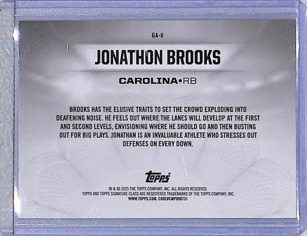 Jonathon Brooks football card from 2025 Topps Signature Class Gridiron Ambassadors series