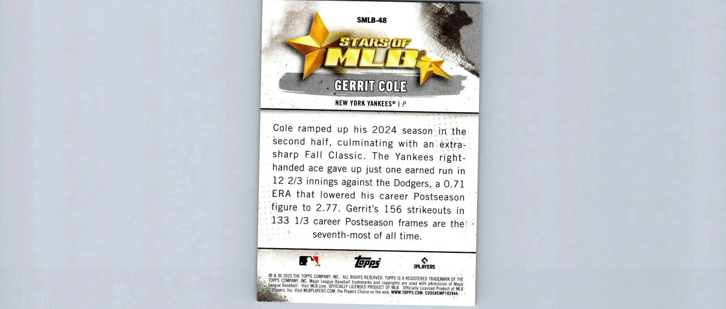 Gerrit Cole Stars of MLB baseball card from 2025 Topps #SMLB-48 featuring Gerrit Cole