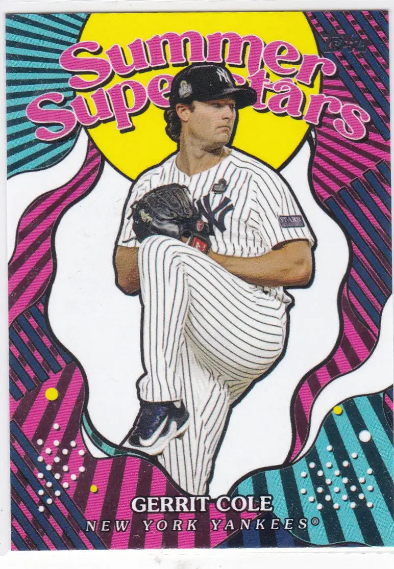 Baseball trading card of Gerrit Cole Summer Superstars New York Yankees in vibrant retro design