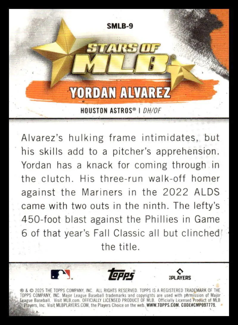 Original gloss baseball trading card featuring Yordan Alvarez from 2025 Topps Stars of MLB