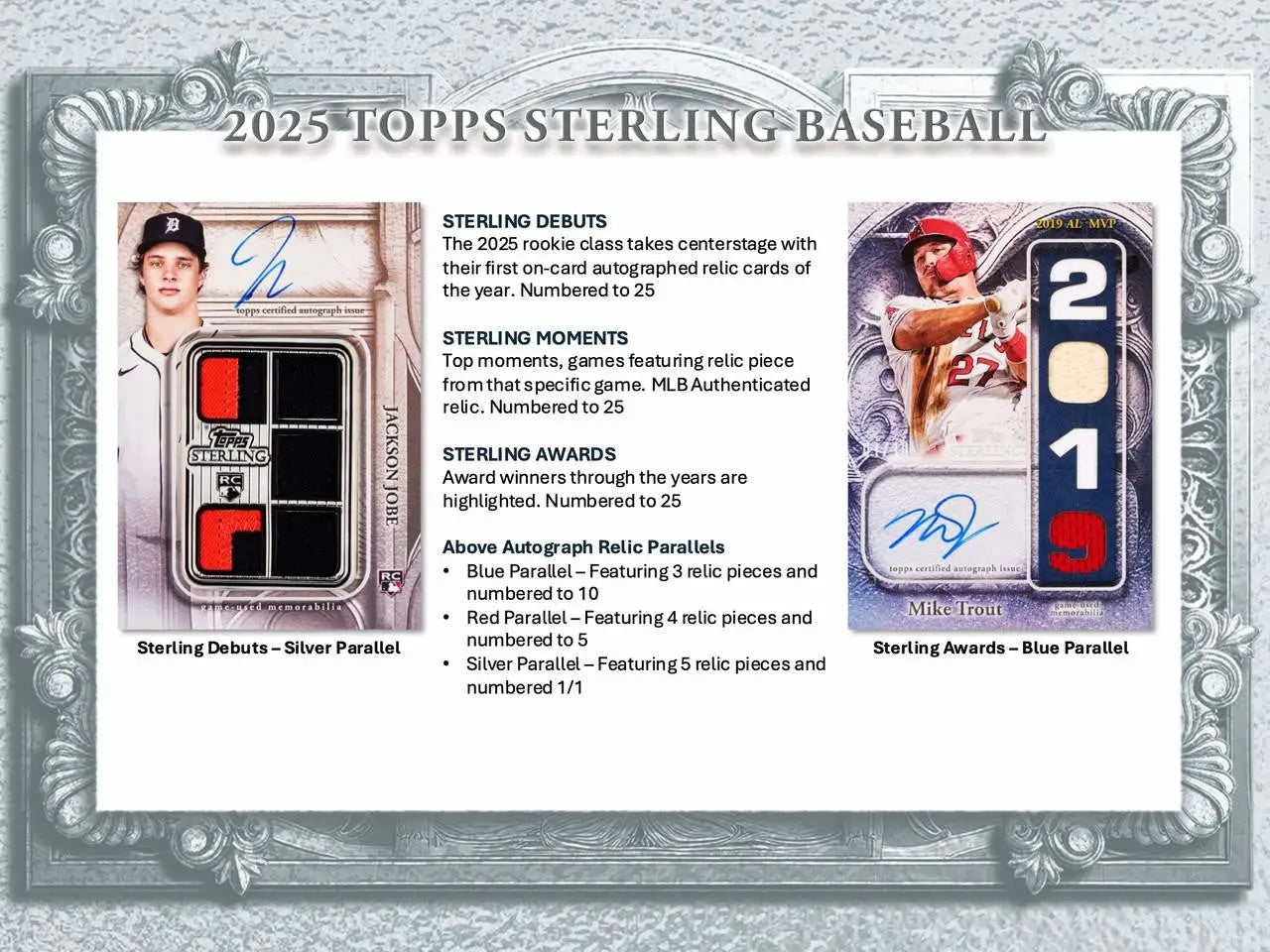 Baseball card advertisement showcasing 2025 Topps Sterling Baseball Hobby Box with autographed relic