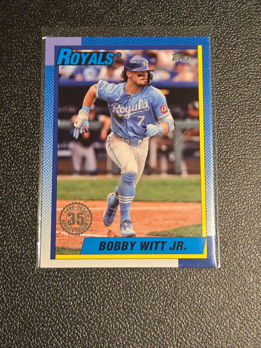 Bobby Witt Jr. 35th Anniversary Topps baseball card in protective sleeve for 2025 Topps #T90-23