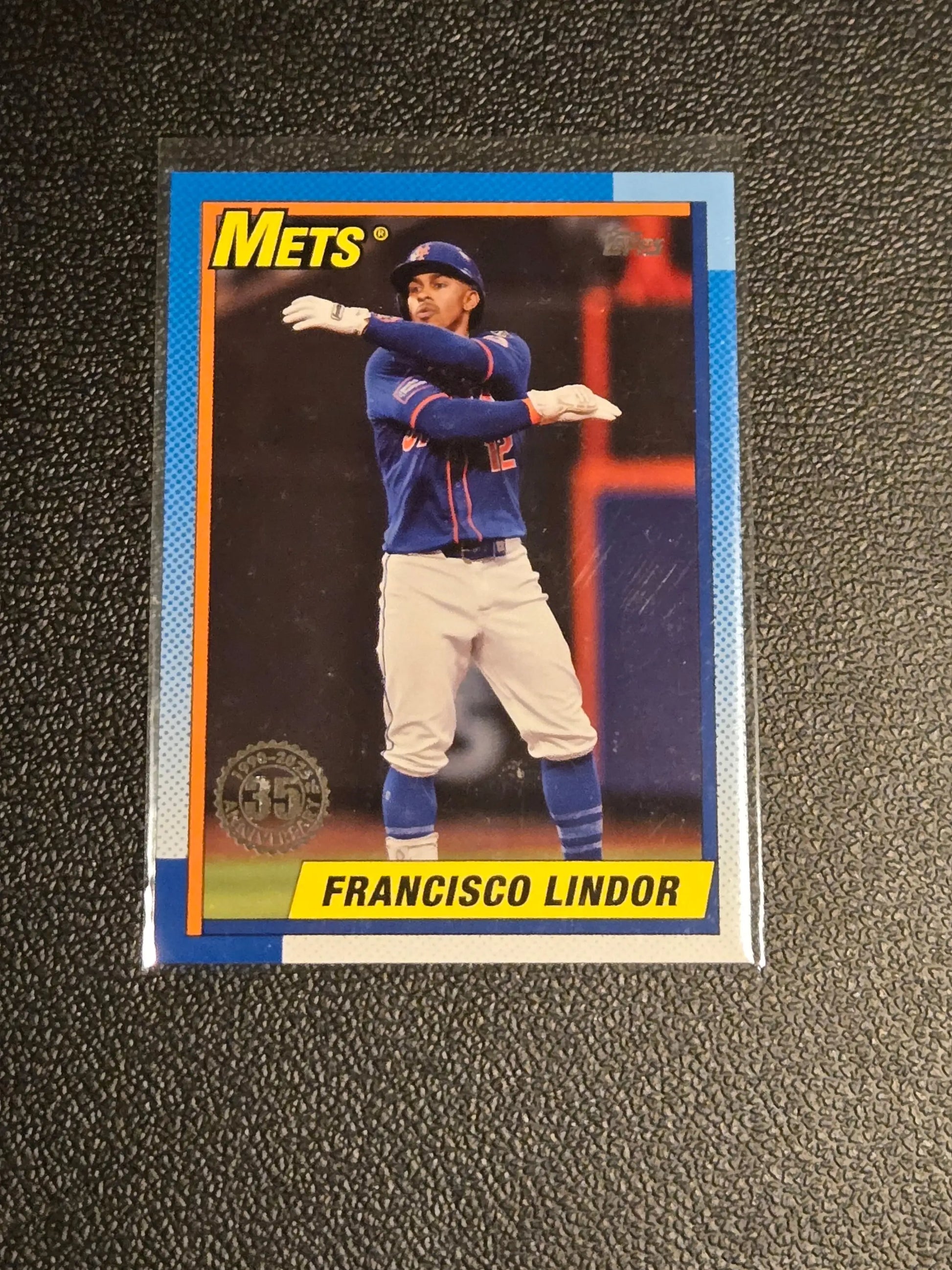 Baseball card of Francisco Lindor from 2025 Topps #T90-38 celebrating Topps Baseball 35th Anniversary