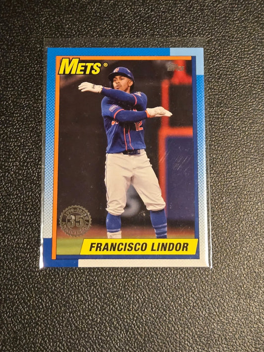Baseball card of Francisco Lindor from 2025 Topps #T90-38 celebrating Topps Baseball 35th Anniversary