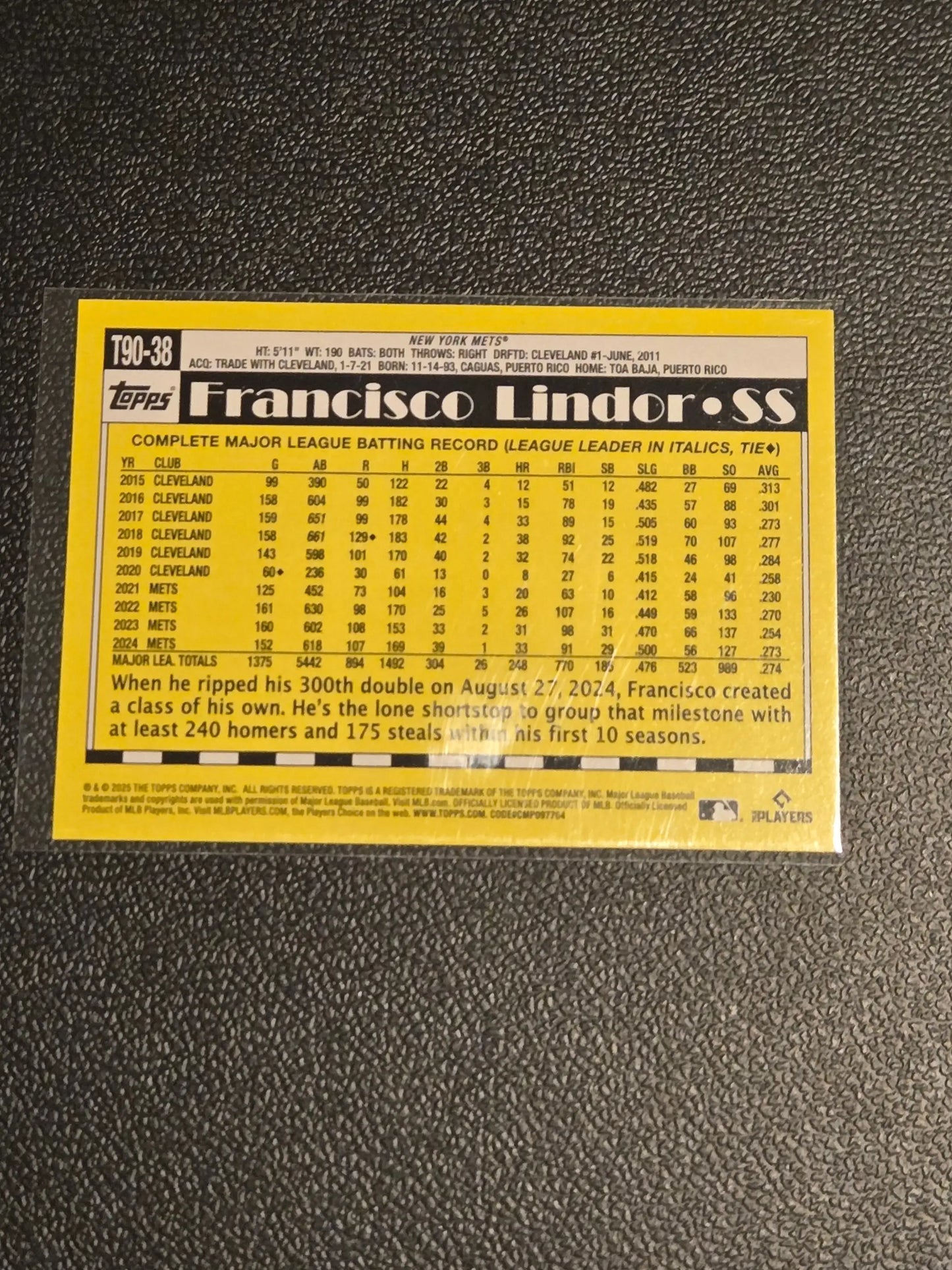 Baseball trading card of Francisco Lindor from 2025 Topps #T90-38, Topps Baseball 35th anniversary