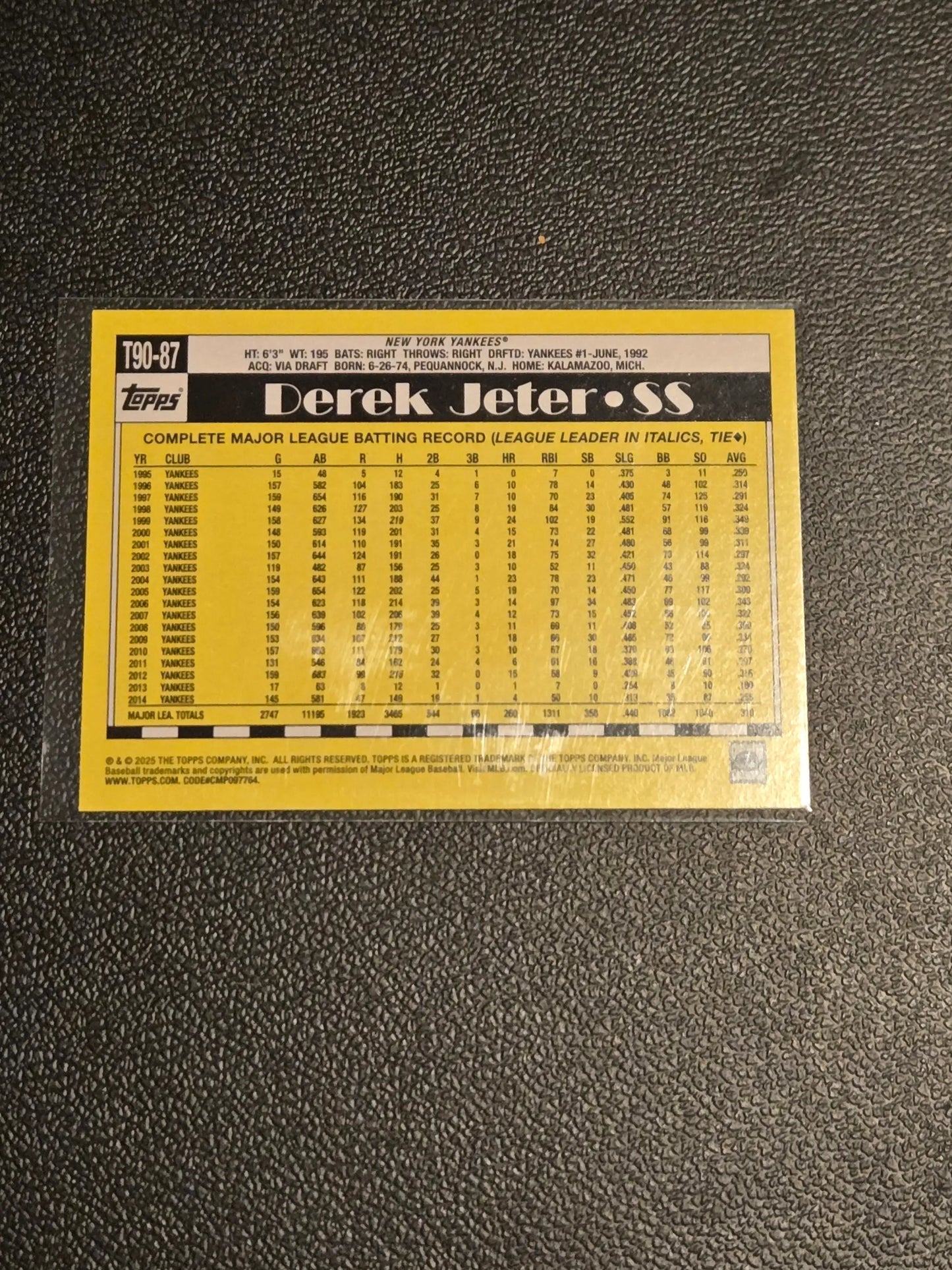 Derek Jeter Topps baseball card with career stats on back for 35th anniversary collection