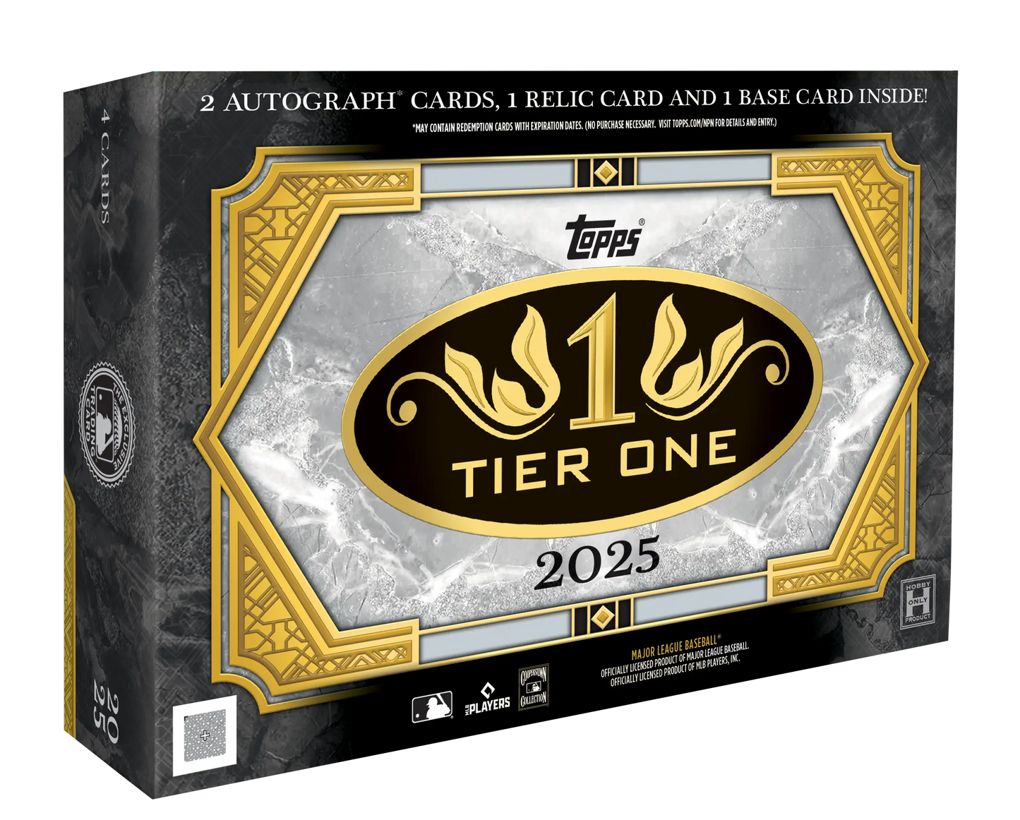 Black and gold 2025 Topps Tier One Baseball Hobby Box with autograph cards and relic card