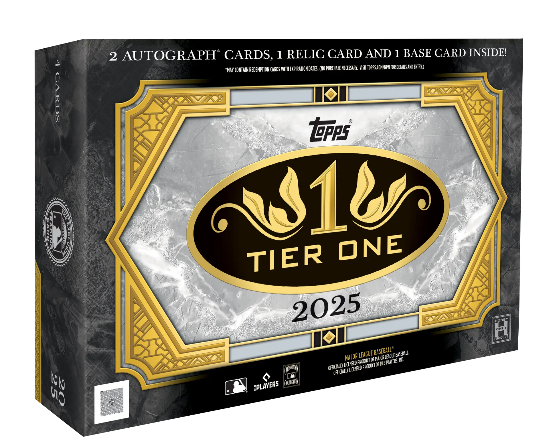 Black and gold 2025 Topps Tier One Baseball Hobby Box with autograph cards and relic card