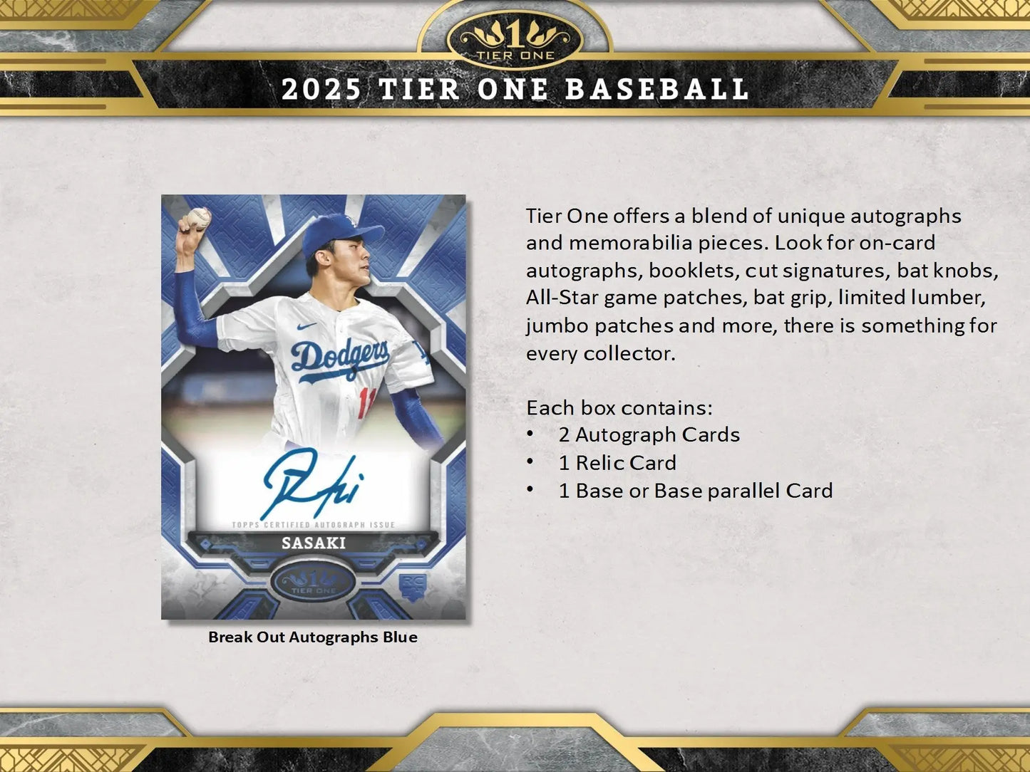 Baseball trading card with autograph of player from 2025 Topps Tier One Baseball Hobby Box