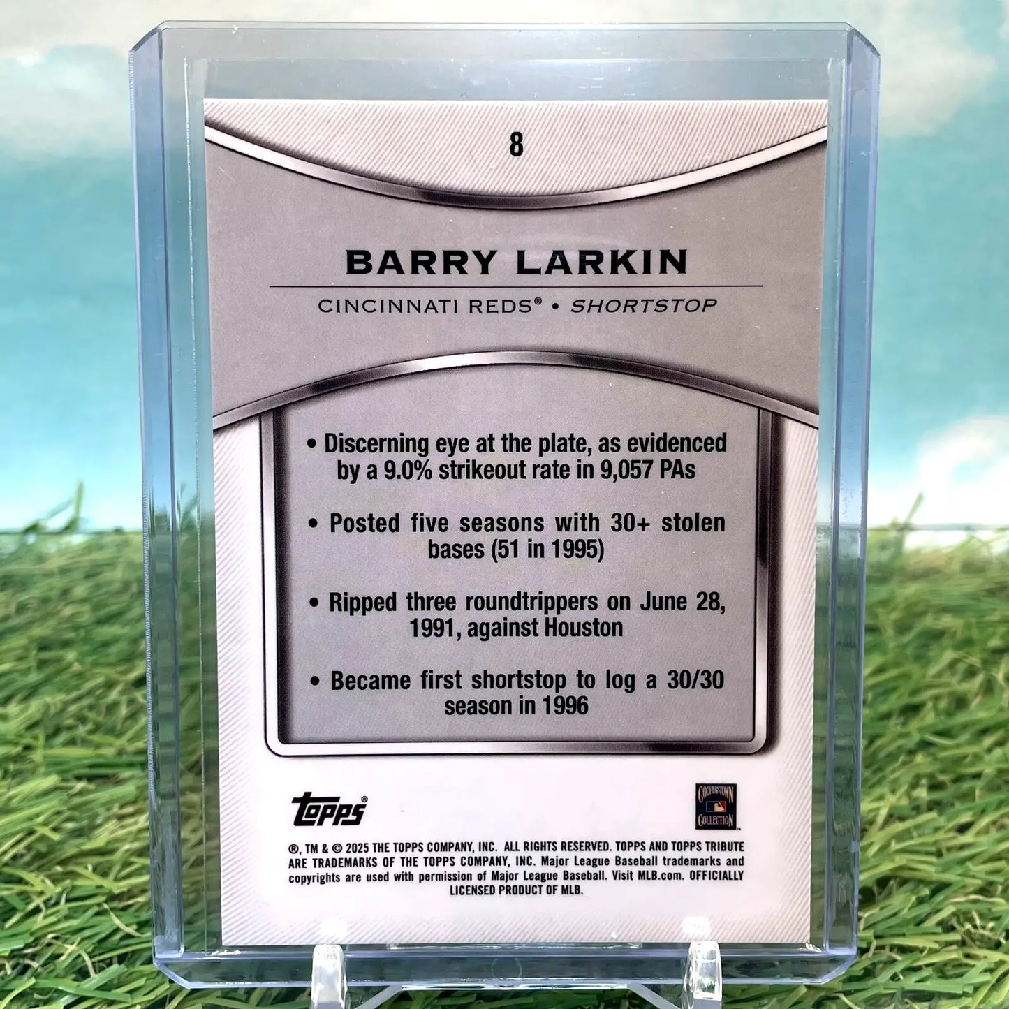 2025 Topps Tribute Barry Larkin baseball card featuring Cincinnati Reds refractor artwork