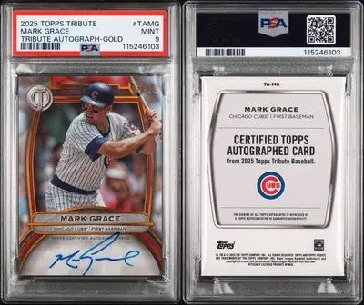 Two PSA-graded Mark Grace autographed baseball cards from 2025 Topps Tribute Mark Grace Auto /75