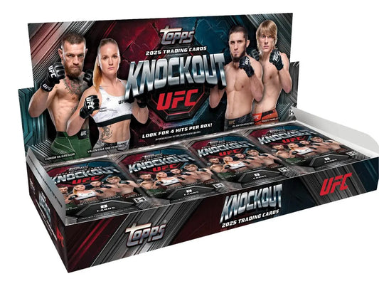 Retail display box with packs of Topps UFC 2023 Knockout trading cards for 2025 Topps UFC Knockout Hobby Box