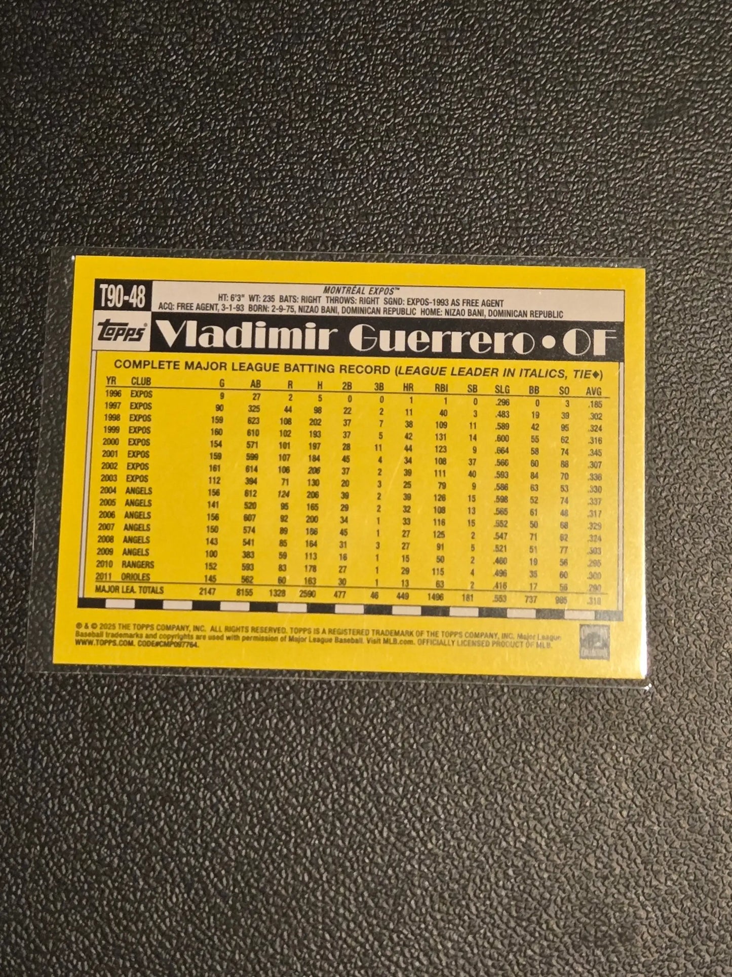 Collectible Vladimir Guerrero baseball card from 2025 Topps Vladimir Guerrero 1990 Topps Baseball 35th Anniversary