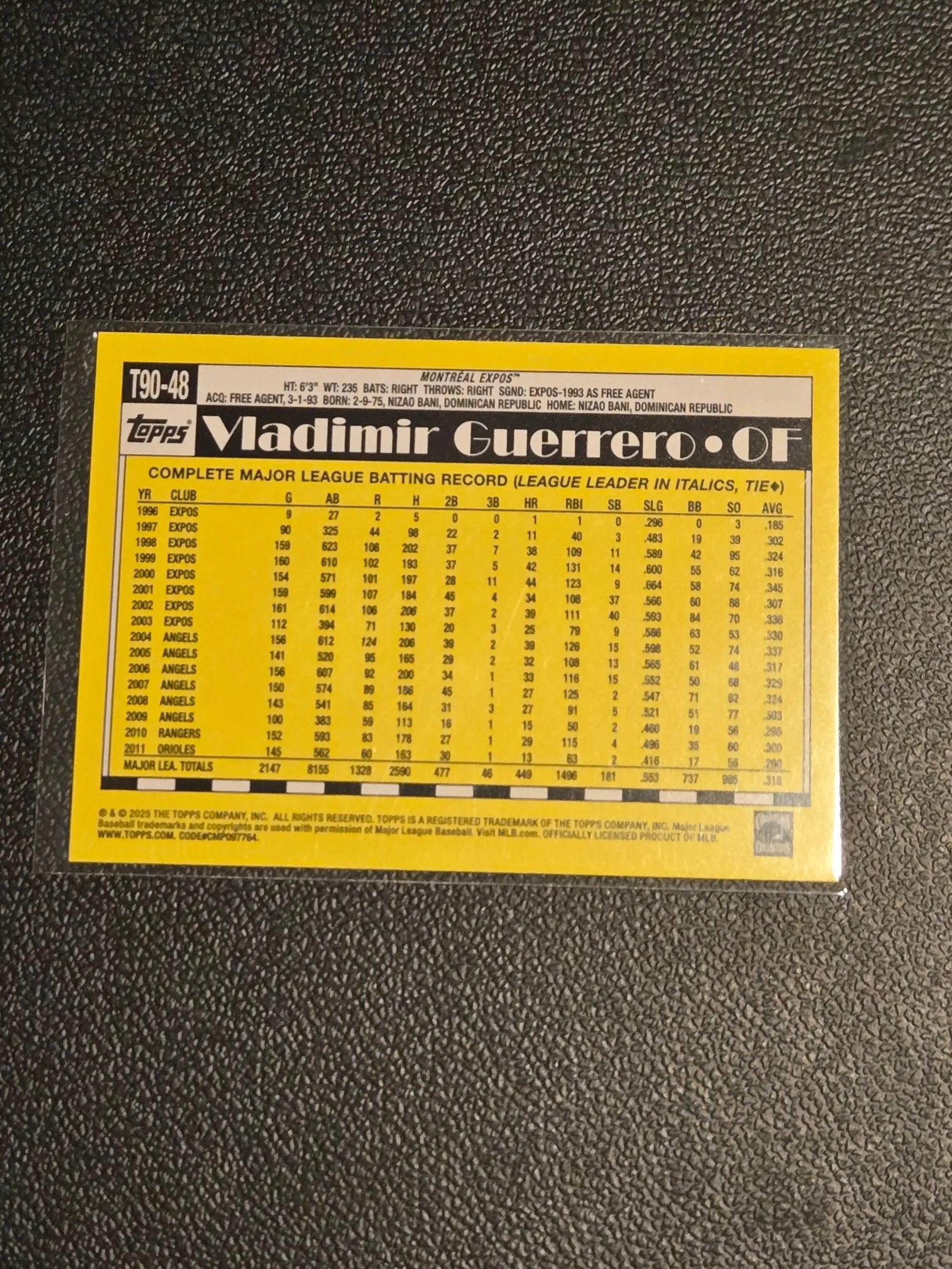 Collectible Vladimir Guerrero baseball card from 2025 Topps Vladimir Guerrero 1990 Topps Baseball 35th Anniversary
