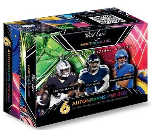 Colorful Wild Card Metallix Football Hobby Box with player images from 2025 Wild Card series
