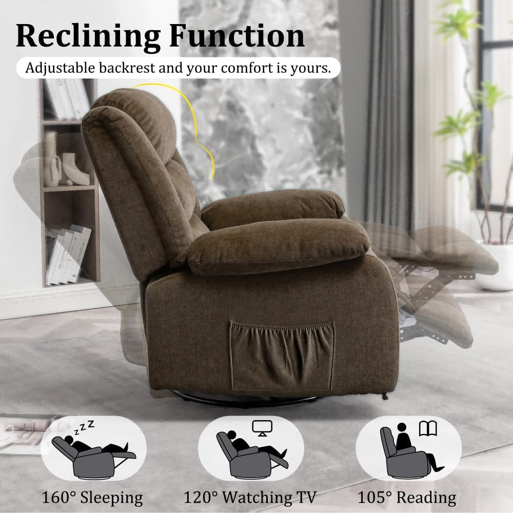 Recliner Chair, Wide Rocker Chair, Rocking Chair with Massage and Heat,360°Swivel Nursery Rocking Chairs, Oversized Recliner for Adults, Cashmere Reclining Sofa for Living Room, Brown-4