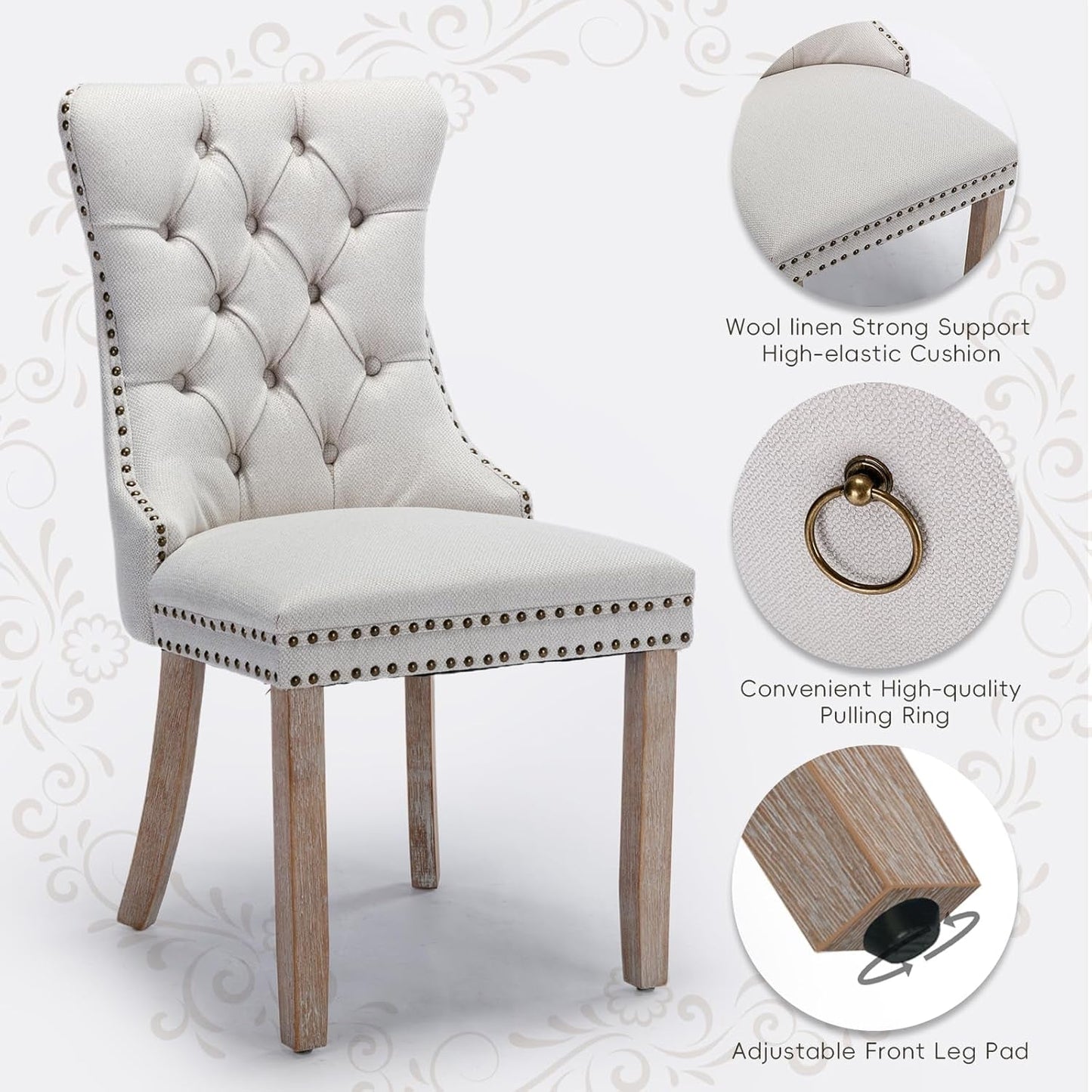 Linen Upholstered Dining Chairs Set of 4, Modern Style Kitchen Side Chairs with Nailhead Trim and Wood Leg, Metal Pulling Ring for Dining Room Living Room(Beige,Set of 4)-4