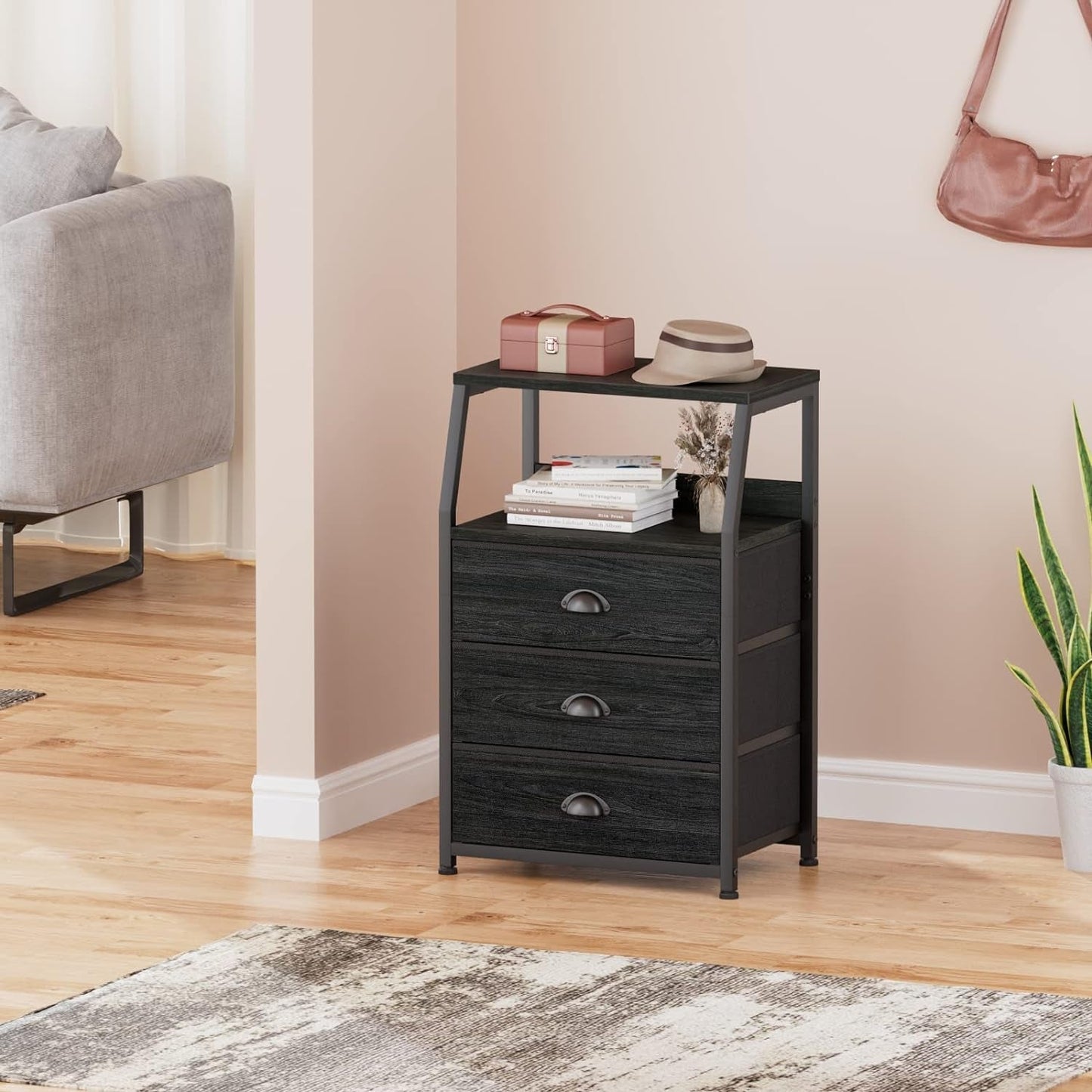 Black Night Stand, Small Dresser for Bedroom, Nightstand with 3 Fabric Storage Drawers and 2-Tier Shelf, End Table Side Furniture for Closet, Hallway, Nursery, Sturdy Steel Frame, Wood Top-4