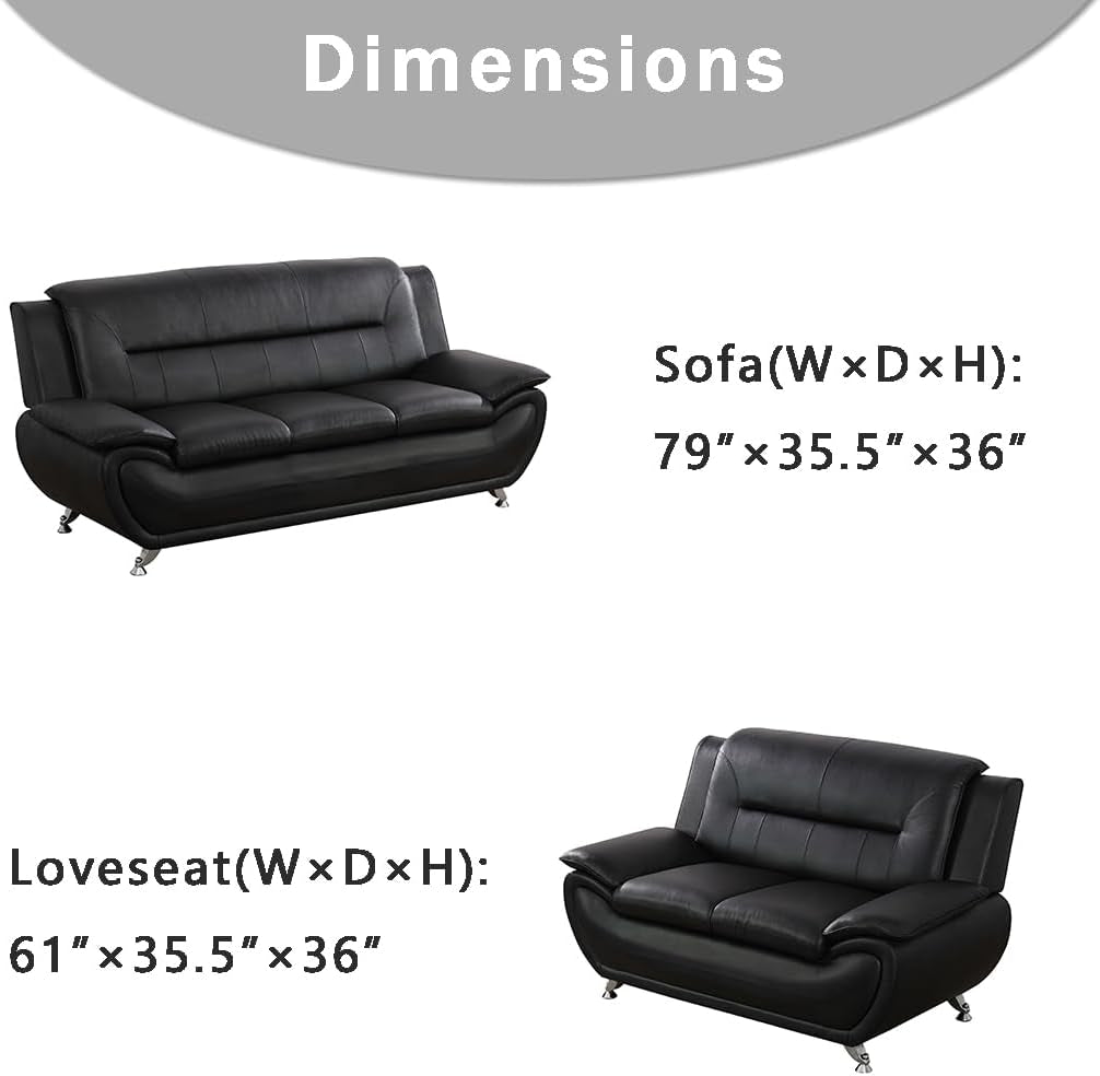 Leather Couches for Living Room, Living Room Couch Set, Sofa for Bedroom, Apartment, Living Room Furniture Sets (B-Leather Black, Sofa+Loveseat)-4