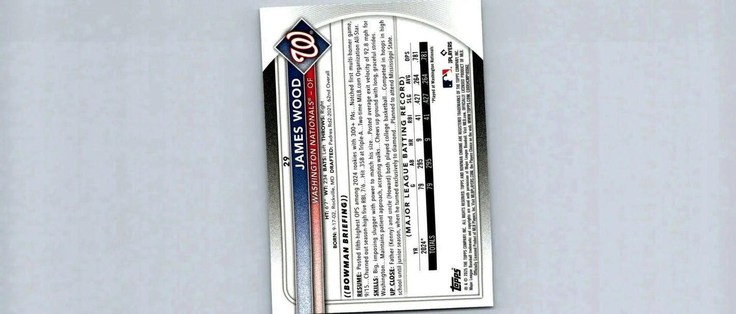 James Wood baseball card from 2025 Bowman Chrome Mojo Refractor showcasing rookie talent