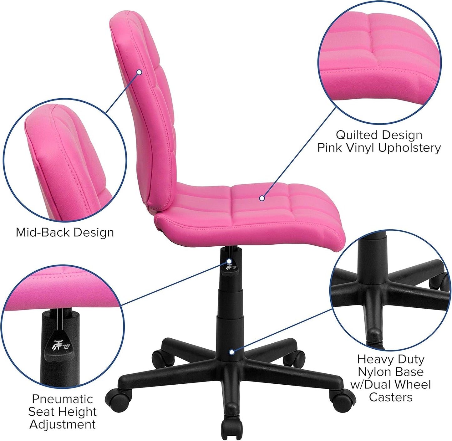 Clayton Mid-Back Pink Quilted Vinyl Swivel Task Office Chair-4