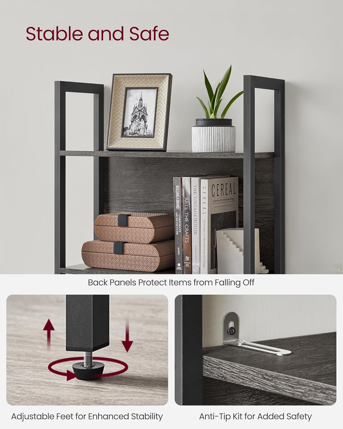 5-Tier Bookshelf, Book Shelf, Industrial Bookcase, with Steel Frame, for Living Room, Home Office, Bedroom, 9.4 X 24.4 X 65 Inches, Charcoal Gray and Black ULLS025B04-4