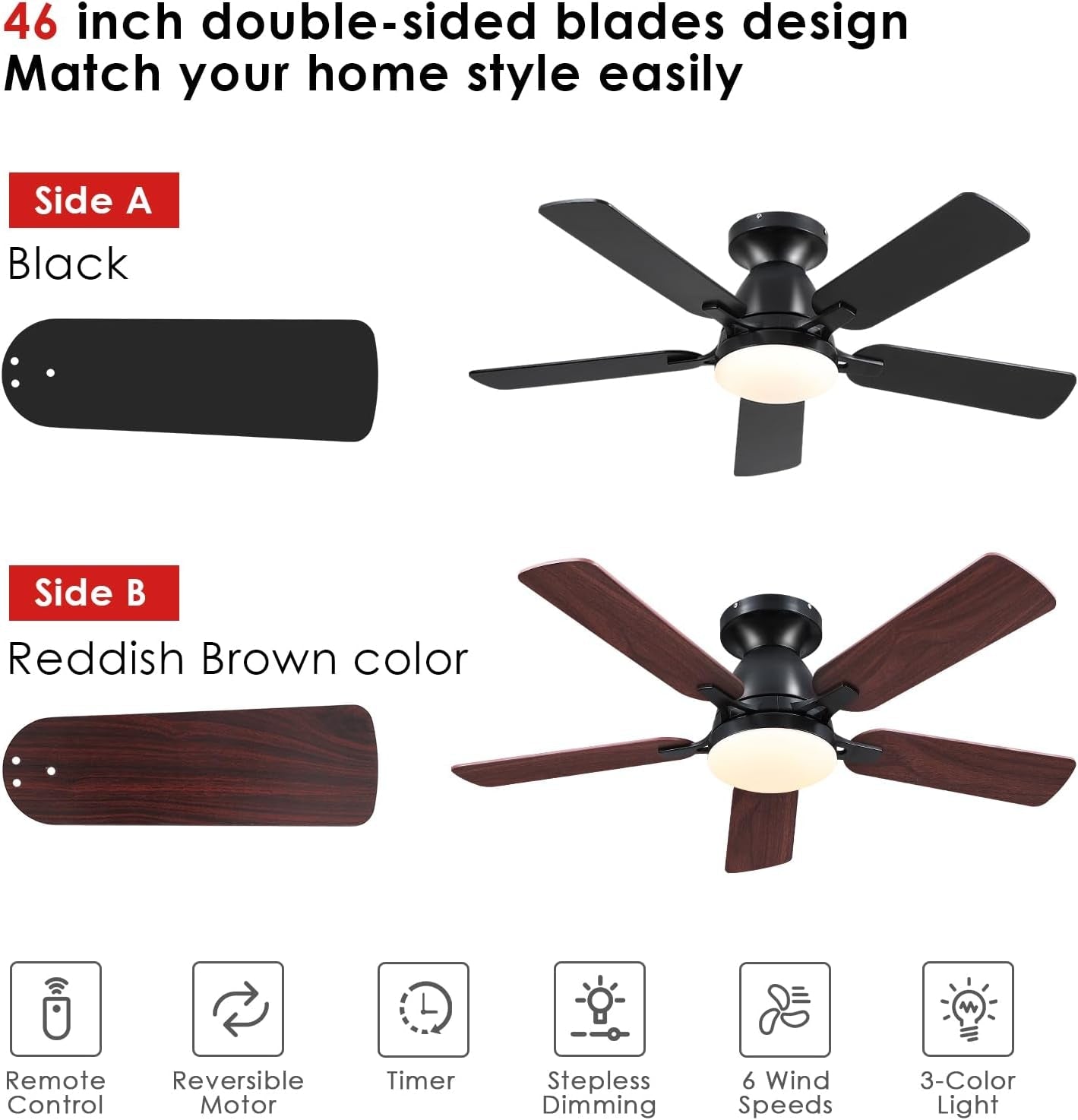 Ceiling Fans with Lights- 46" Low Profile Indoor Ceiling Fan with Light and Remote/App Control, Flush Mount, LED Dimmable DC Reversible Modern Ceiling Fan for Bedroom(Black)-4