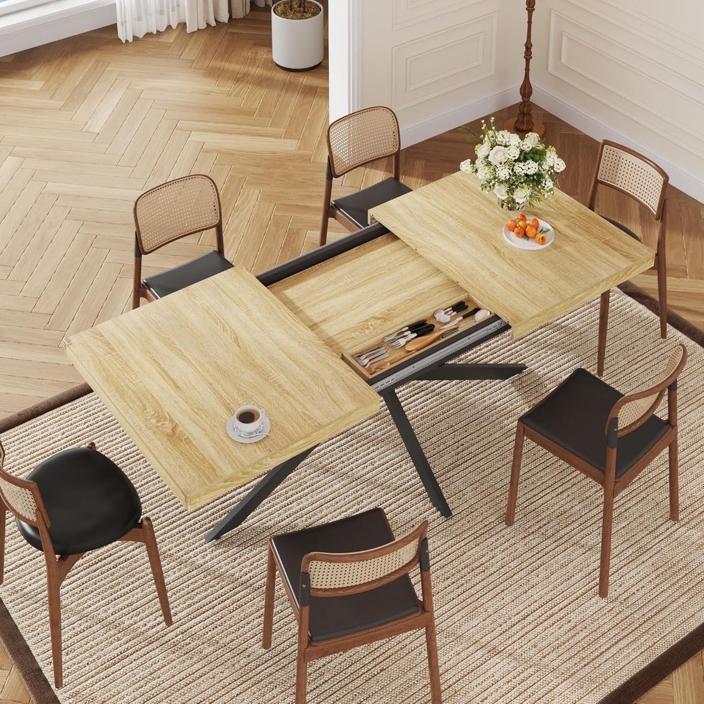 Extendable Rectangular Wood Dining Table For 6 To 8-4