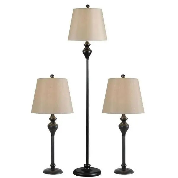 3-Piece Floor Lamp and Table Desk Lamp Set in Black with Light Gold Drum Shades - Lamp Set
