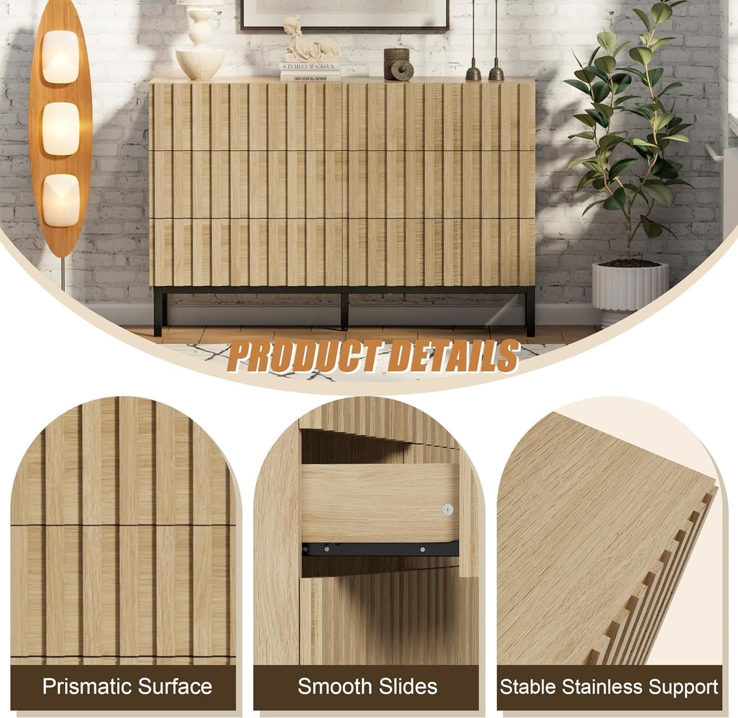 Natural Wood Dresser for Bedroom,Mid Century Modern Dresser,Fluted 6 Drawer Dresser with Metal Stand,Accent Chest of Drawers for Bedroom,Living Room,Hallway-4