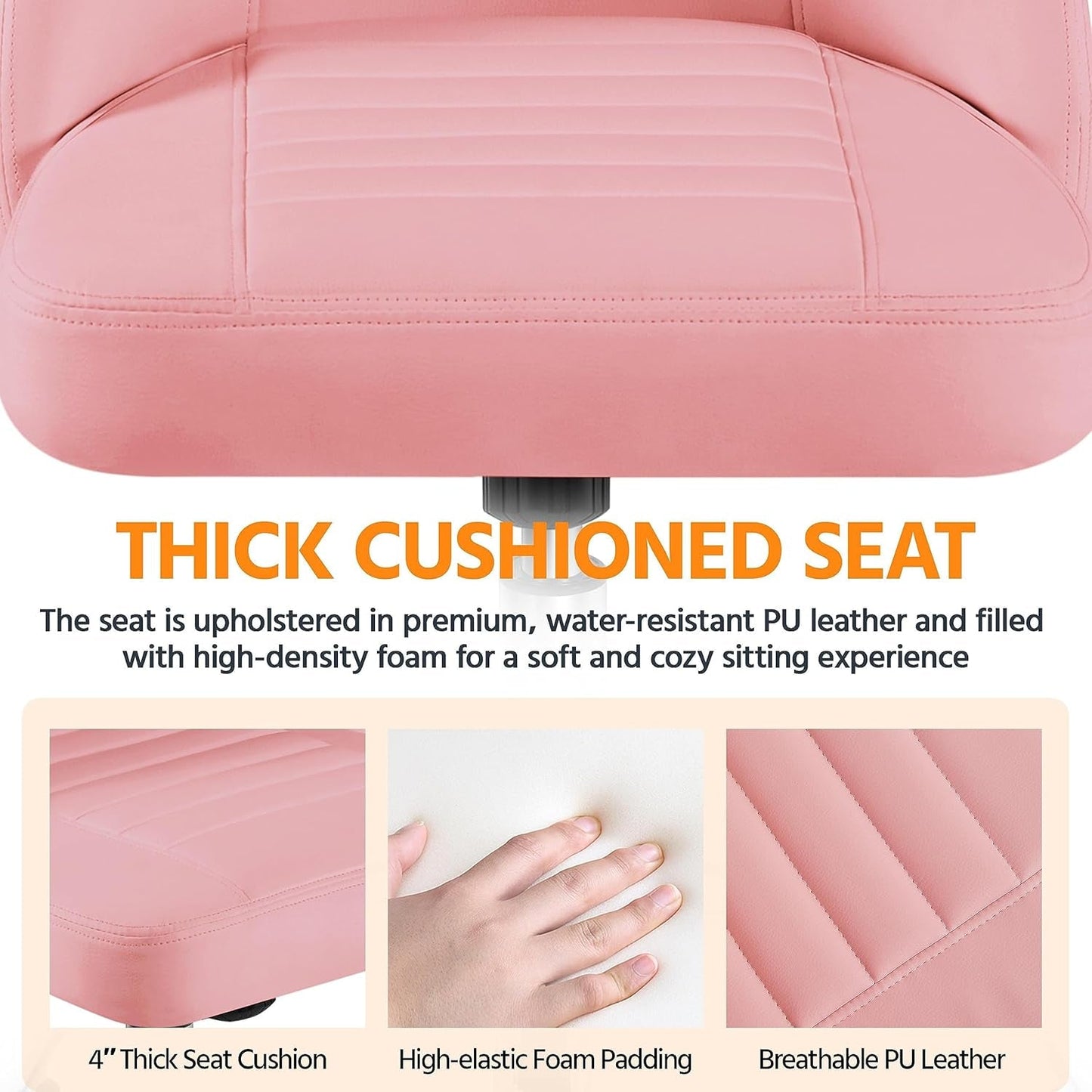 PU Leather Armless Office Chair, Mid Back Desk Chair, Computer Task Chair, Modern Vanity Chair with Rolling Wheels, Metal Base Pink-4