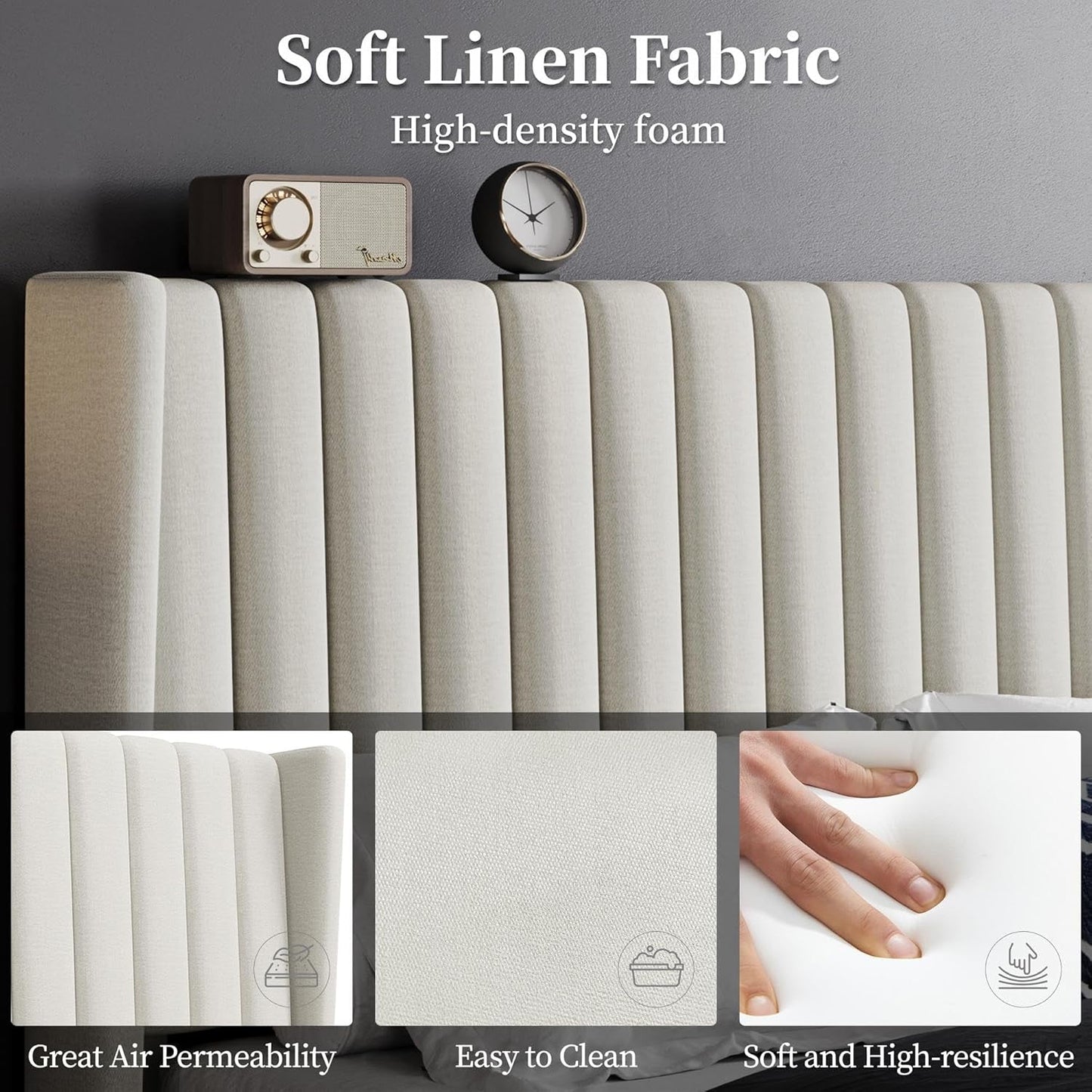 Queen Upholstered Platform Bed With Beige Headboard-4