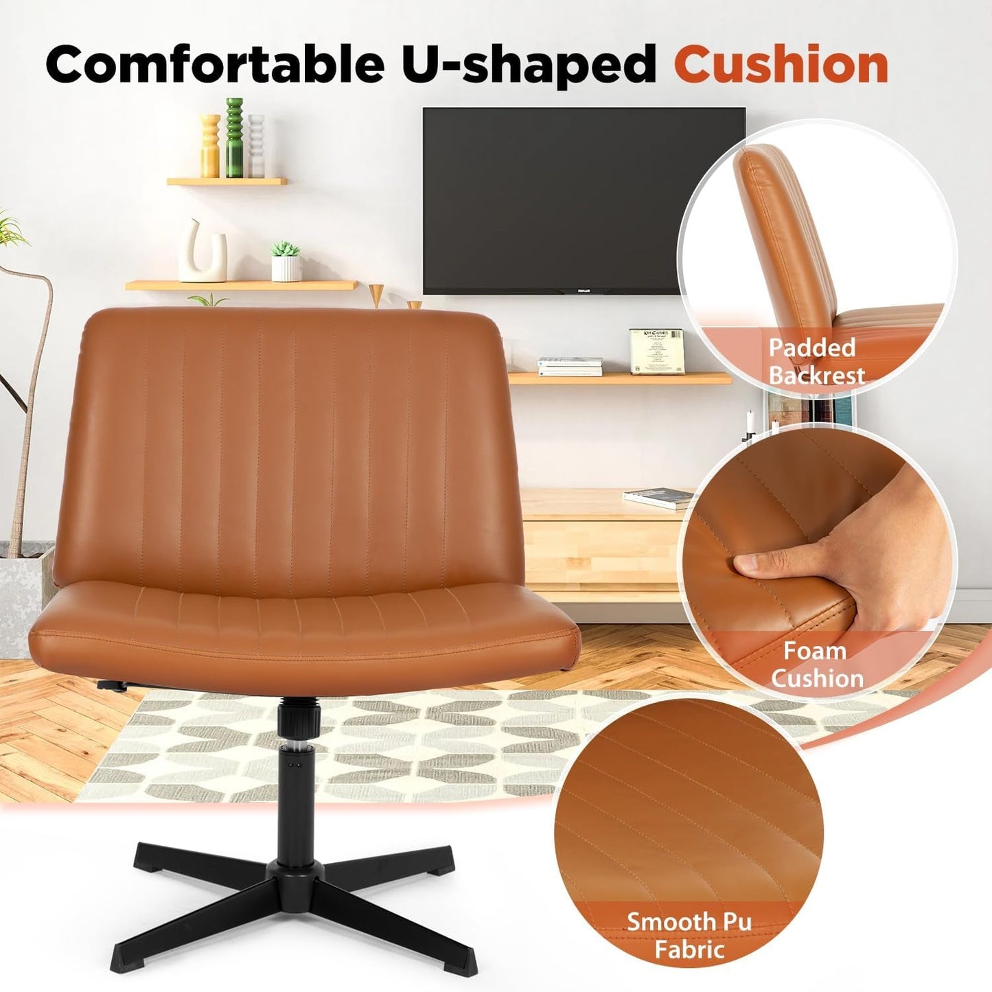 Criss Cross Chair,Armless Cross Legged Office Chair,Wide Comfty Desk Chair with No Wheels Modern Height Adjustable,Swivel Fabric Vanity Chair Computer Task Chair (Pack of 1, Brown)-4