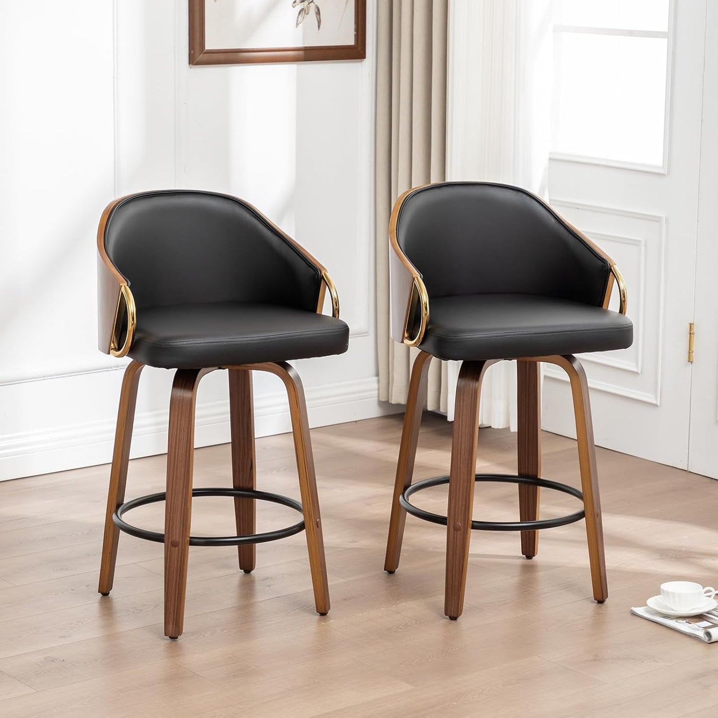 26 Inch Swivel Barstools Set of Two Black Leather-4