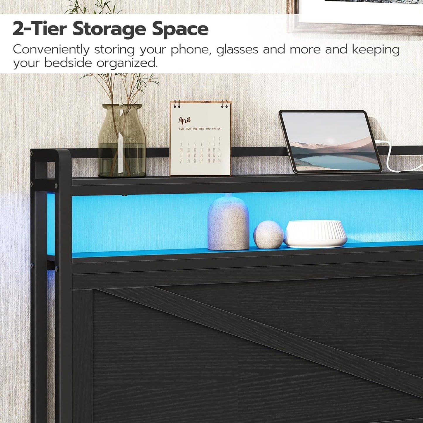 King Size Headboard with Charging Station and LED Lights-4