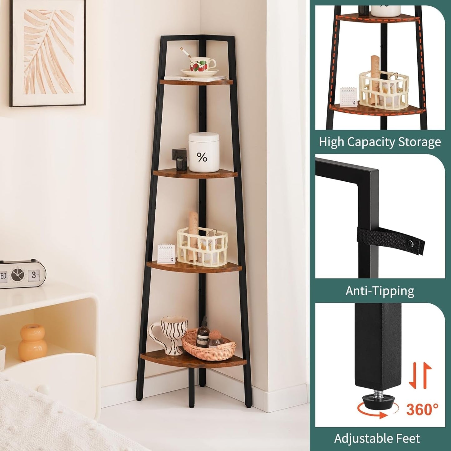 4-Tier Corner Bookshelf with Metal Frame - Ladder Display Shelf for Bedroom and Living Room, Tall Wood Corner Bookcase and Plant Stand-4