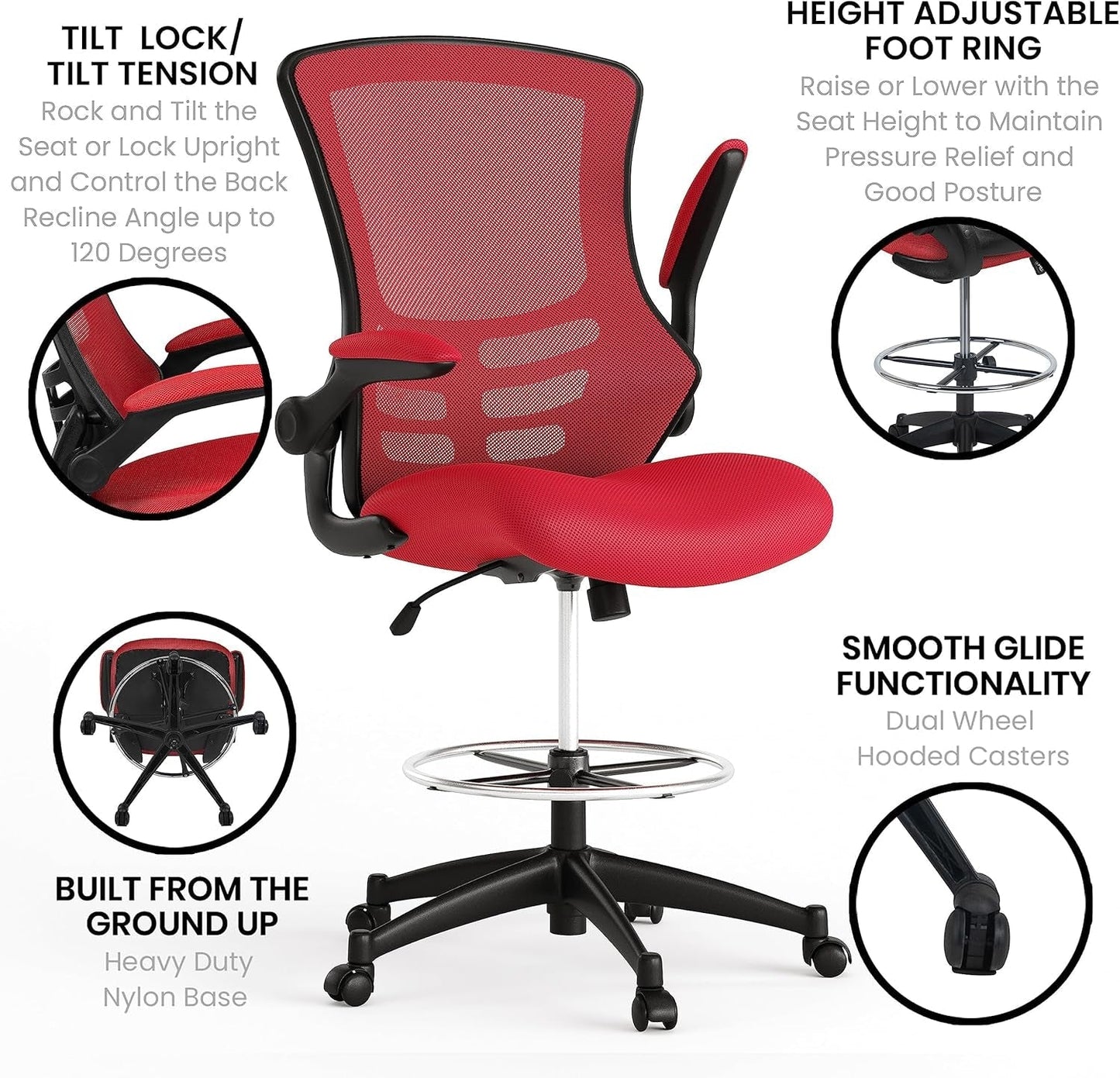 Kelista Mid-Back Swivel Office Chair with Adjustable Seat Height, Ergonomic Mesh Desk Chair with Flip-Up Armrests, Red-4