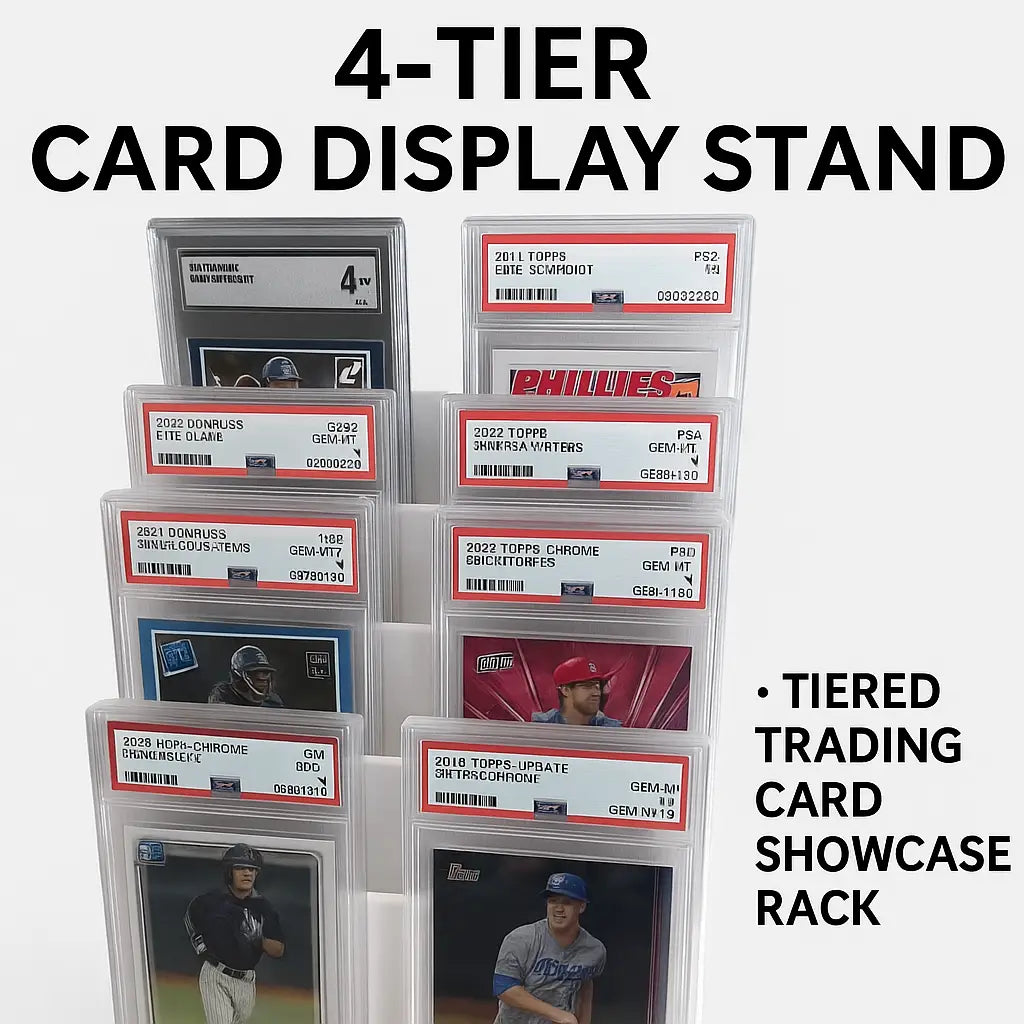 Four-tier display stand for graded trading cards including PSA and SGC slabbed cards