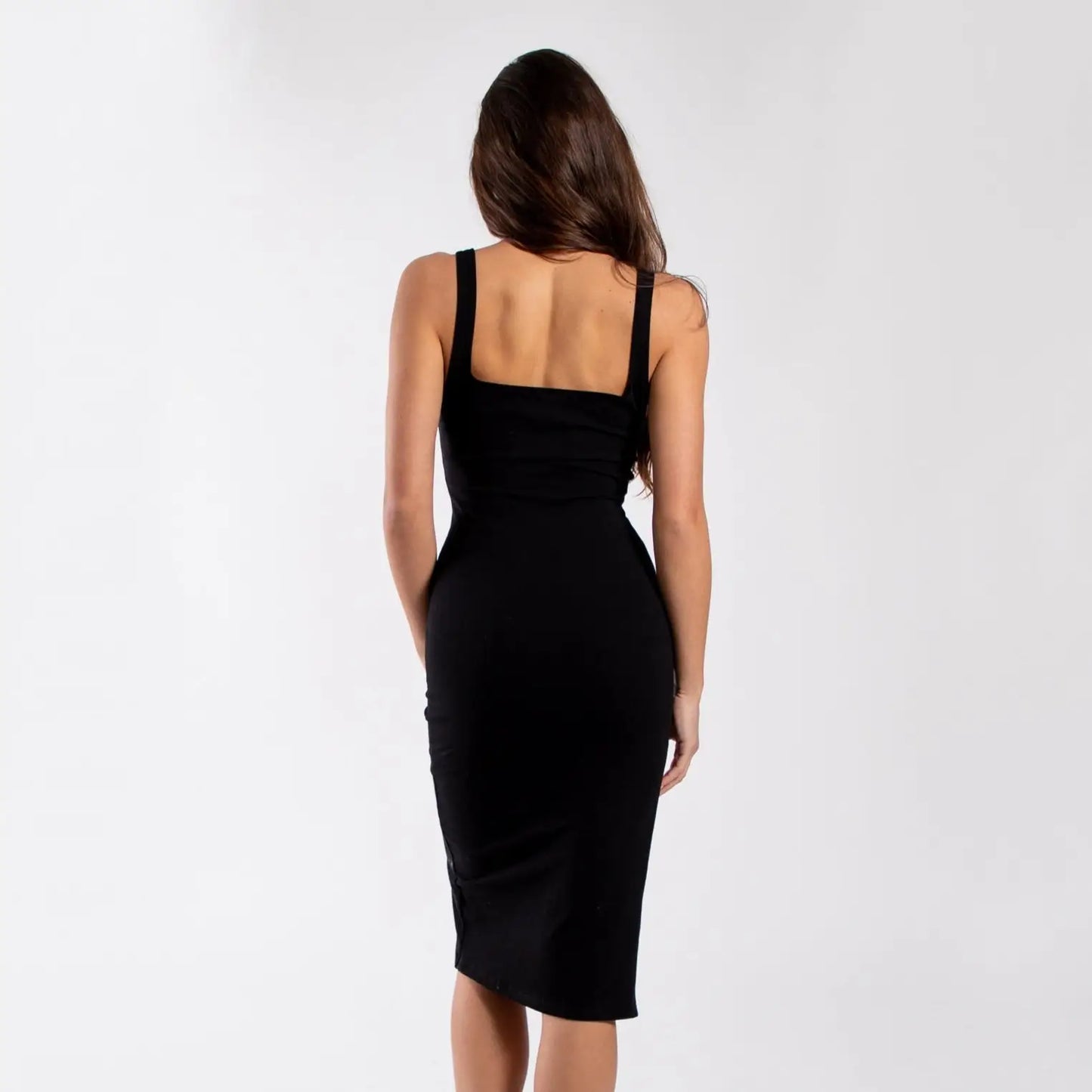 Black sleeveless midi bodycon dress with square neckline and cutout back design