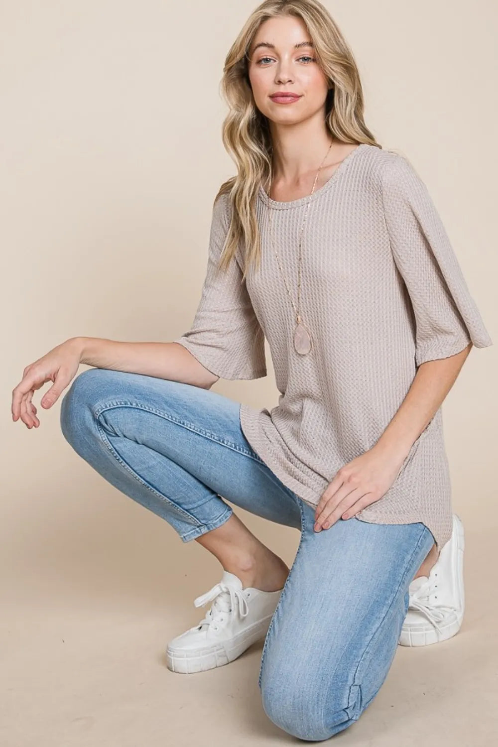 BomBom Apparel Round Neck Waffle Knit T-Shirt USA ?? SM/MED/XL
