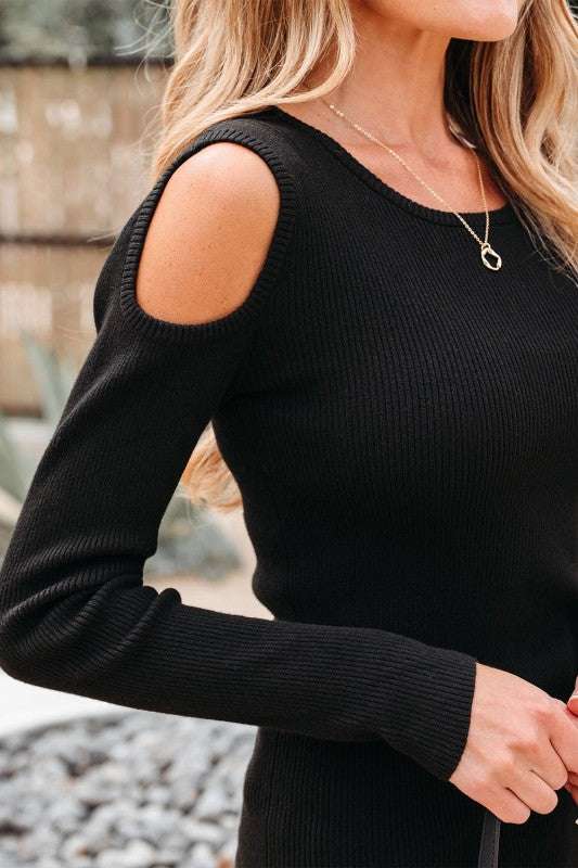 Threaded Pair's Ribbed Knit Cold Shoulder Sweater