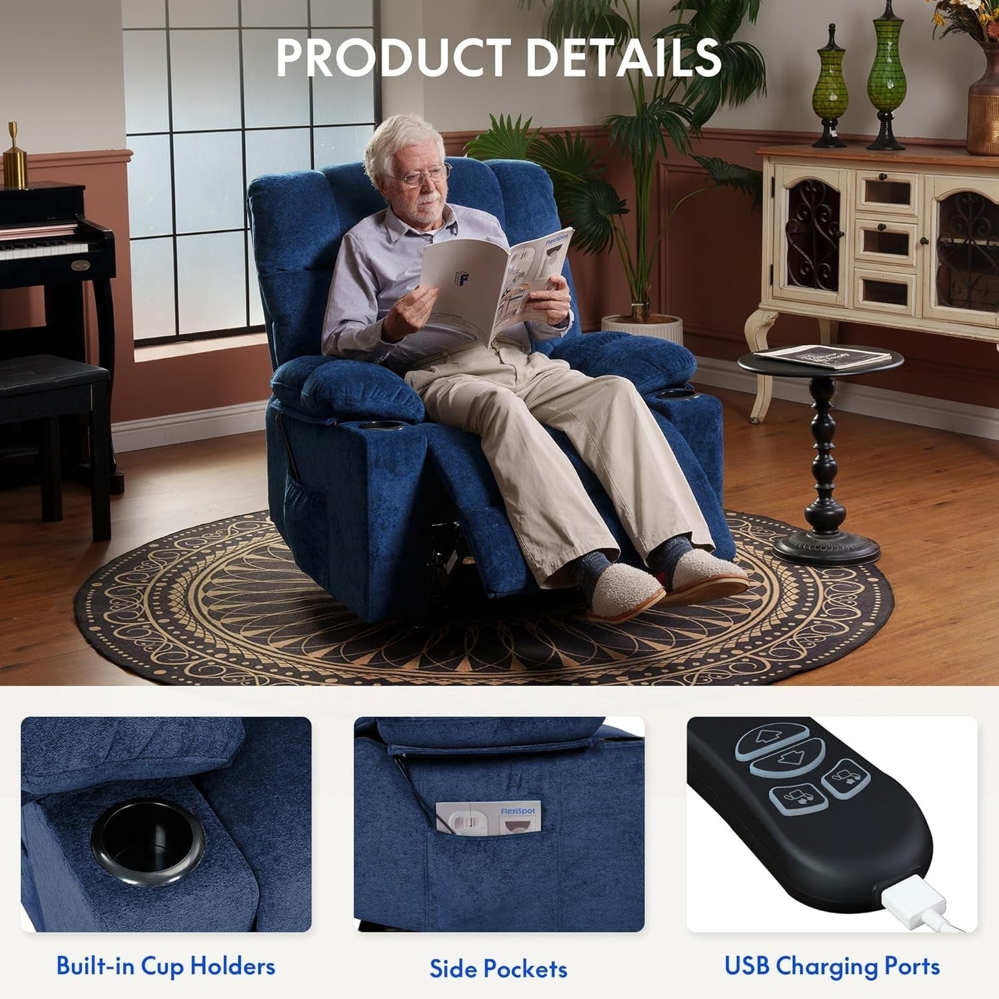 XL5 Dual OKIN Motor Power Lift Recliner Chair for Elderly, Electric Lay Flat Recliner W/Massage, Lumbar Heat, USB Port, Side Pockets, Recliner Sofa for Living Room Bedroom, Blue-4