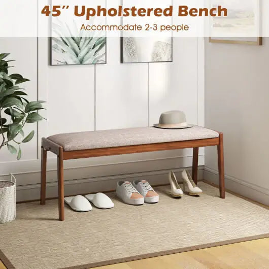 45 Inch Farmhouse Backless Bench with Rubber Wood Legs and Fabric Padded Seat-Beige - Color:Beige - Shoe Racks &