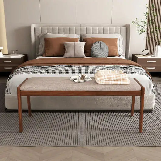 45 Inch Farmhouse Backless Bench with Rubber Wood Legs and Fabric Padded Seat-Beige - Color:Beige - Shoe Racks &