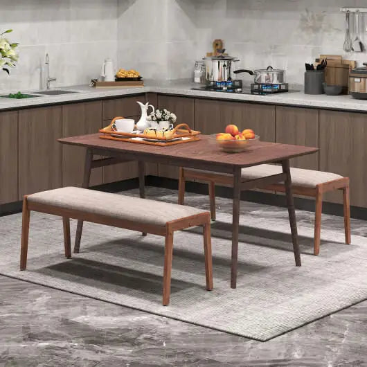 45 Inch Farmhouse Backless Bench with Rubber Wood Legs and Fabric Padded Seat-Beige - Color:Beige - Shoe Racks &