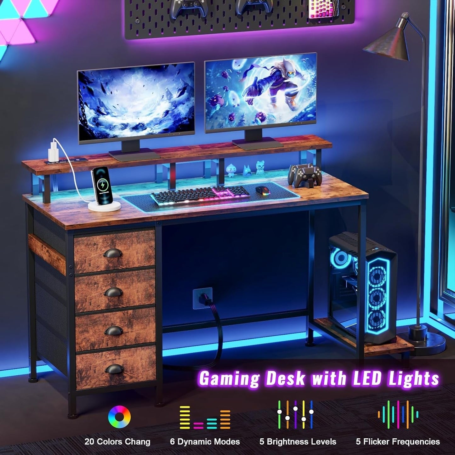 47 Inch Gaming Desk with LED Lights and Drawers-4