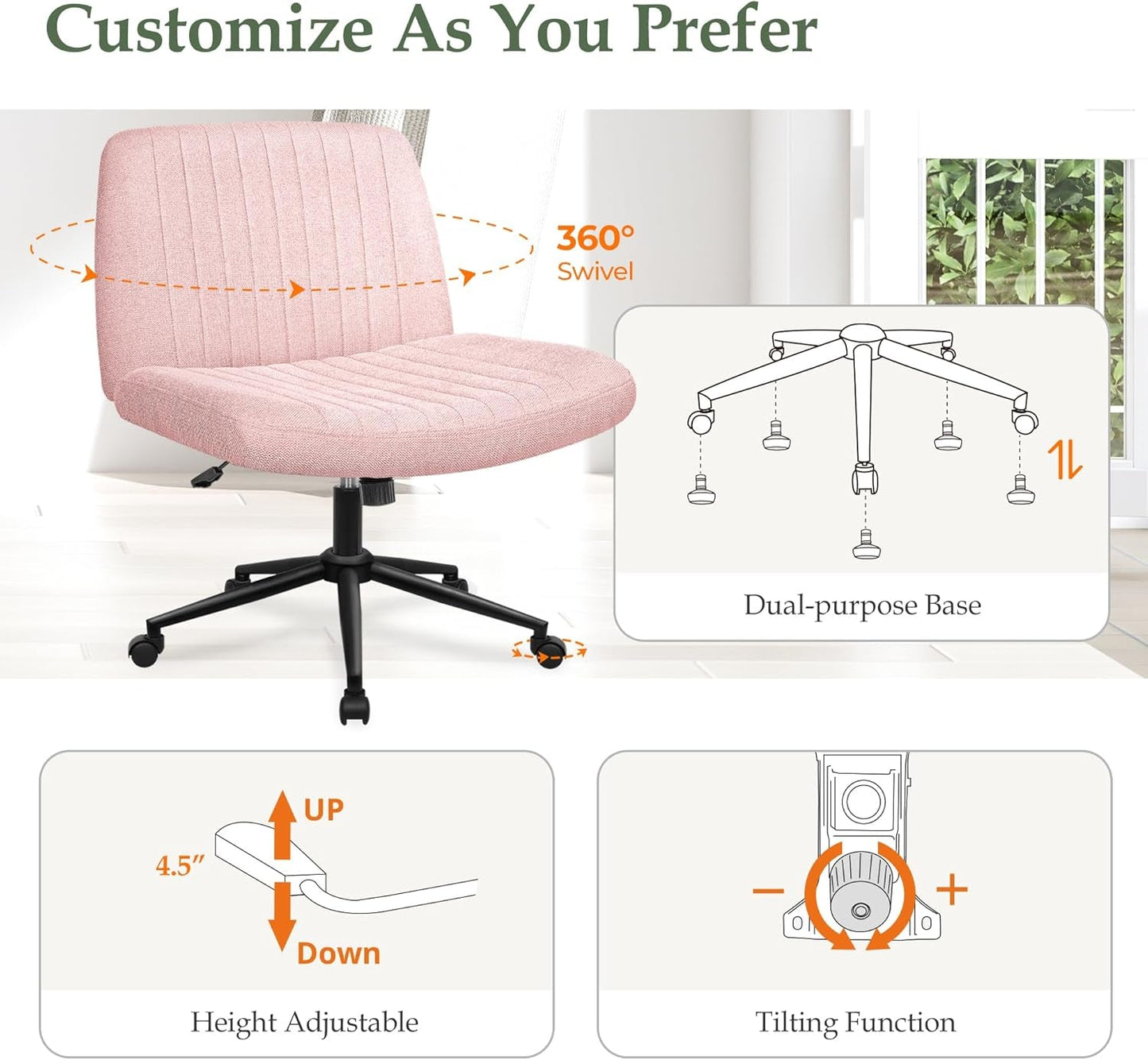 Criss Cross Chair with Wheels, Armless Cross Legged Office Desk Chair, Wide Comfy Vanity Rolling Swivel Modern Comfortable Fabric Computer Task Chairs for Home Office (Pink)-4