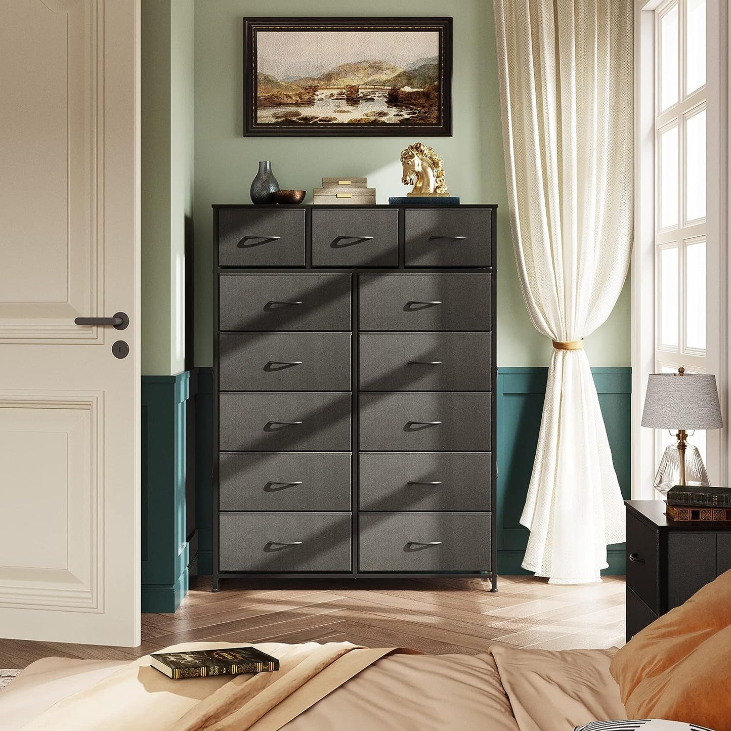 Tall Dresser for Bedroom with 13 Drawers, Storage Dresser Organizer Unit, Fabric Dresser for Bedroom, Closet, Chest of Drawers with Fabric Bins, Steel Frame, Wood Top, Charcoal Black-4